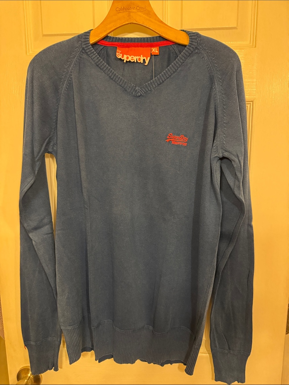 Superdry Men's Slate Blue V-Neck Sweater with Red Logo